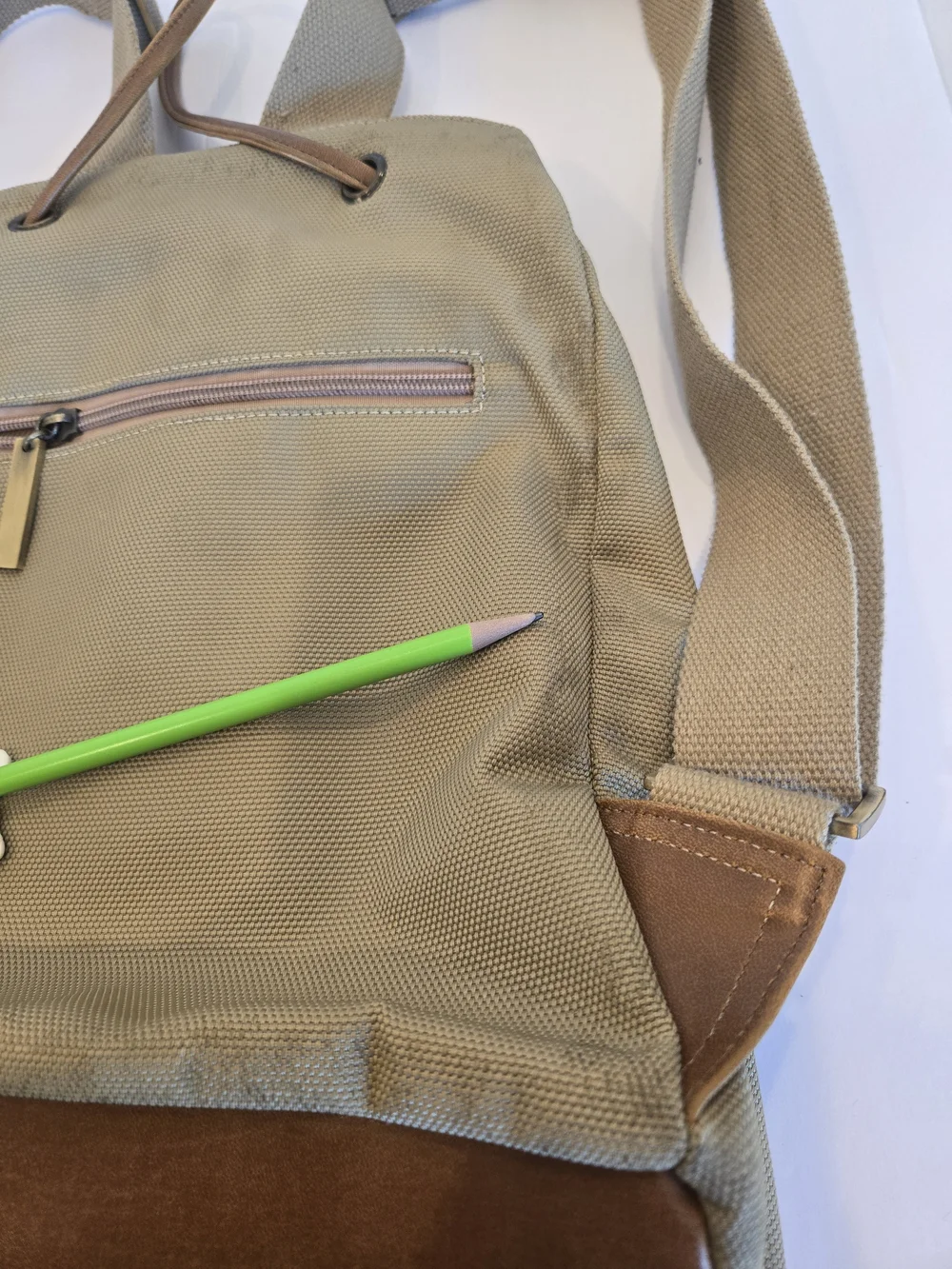 Khaki Canvas Backpack with Brown Trim for Women